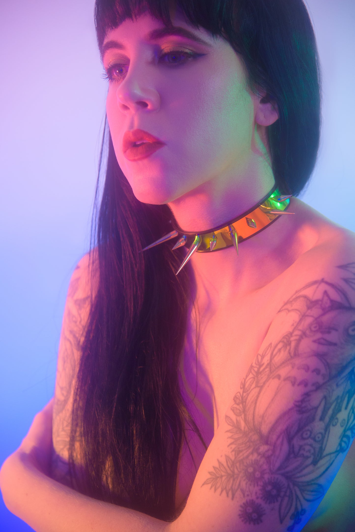 Black Rainbow Holographic Spike Choker Collar