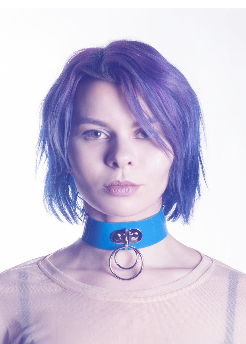 So Blue Choker Collar - opaque bright blue pvc collar choker - fetish fashion - clubkids festival 90s style - pvc vinyl - apatico - made in Seattle - Miss Angvik Model