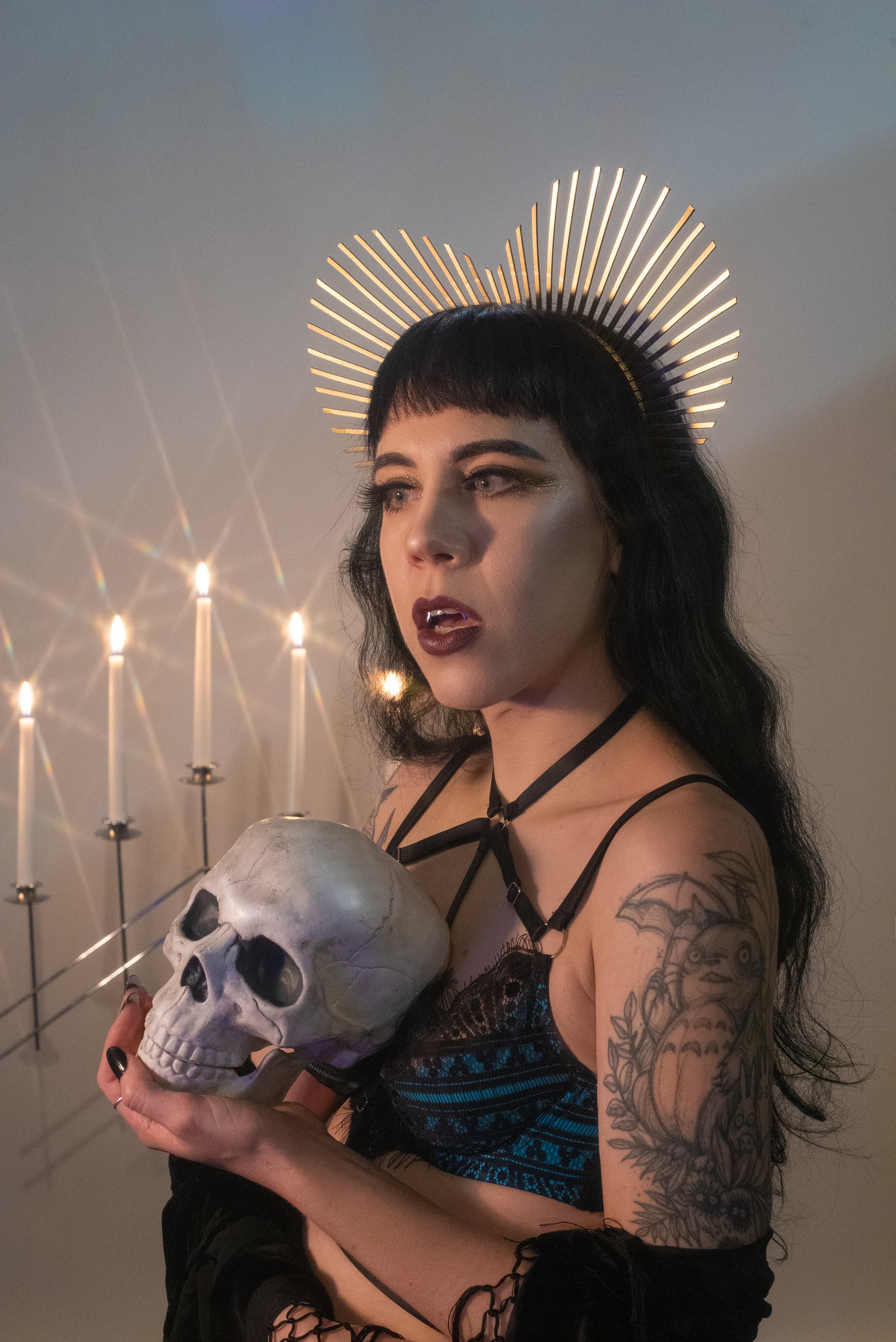 Heart shaped halo crown headpiece made out of gold zip ties by Apatico.