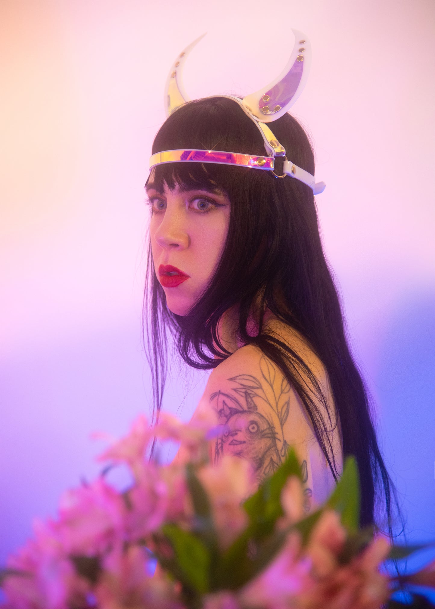 White Holographic Devil Horns Headpiece