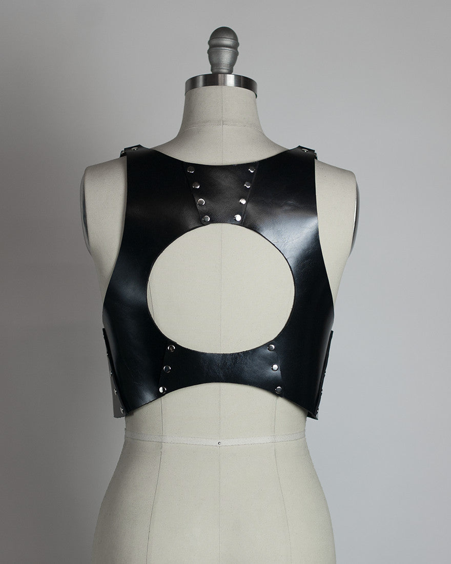 Luna Harness Vest - Leather or pvc crop top - gothic full moon fashion for witches - occult style circle cutout - Apatico.