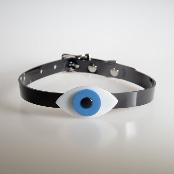 Apatico eyeball choker collar in blue for Pride.