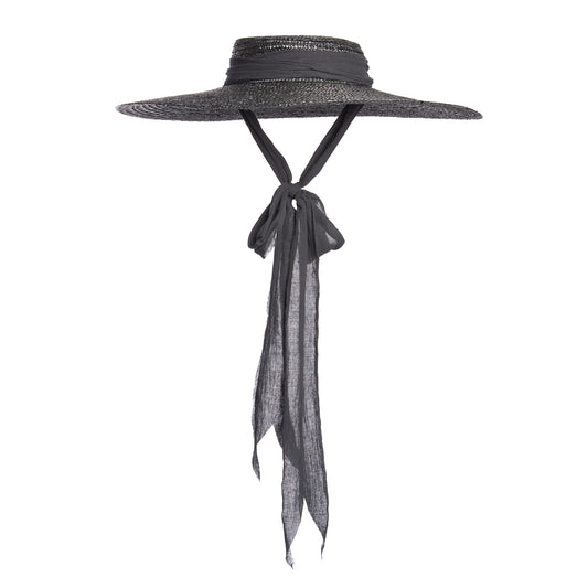 Black wide brim straw hat with long gauze ties - cottagegoth summer witchy beach hat.