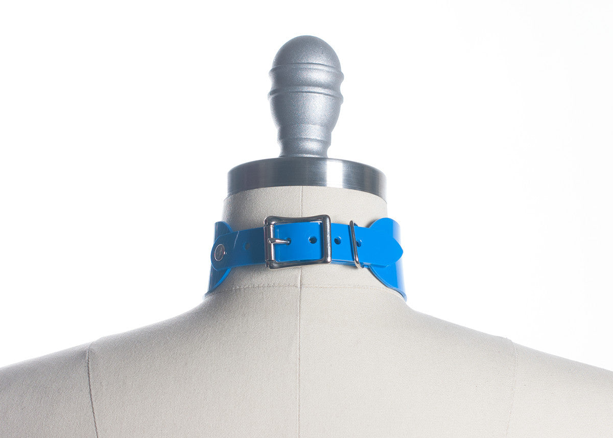 So Blue Choker Collar - opaque bright blue pvc collar choker - fetish fashion - clubkids festival 90s style - pvc vinyl - apatico - made in Seattle - Miss Angvik Model