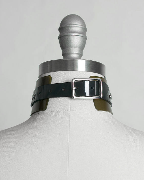 apatico industrial collar choker - o ring - translucent olive black pvc - gothic fetish fashion bondage style.