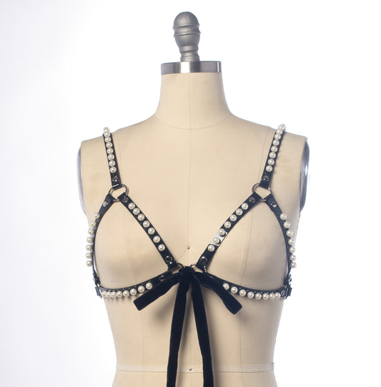 Amelia Pearl Velvet Ribbon Harness Cage Bra