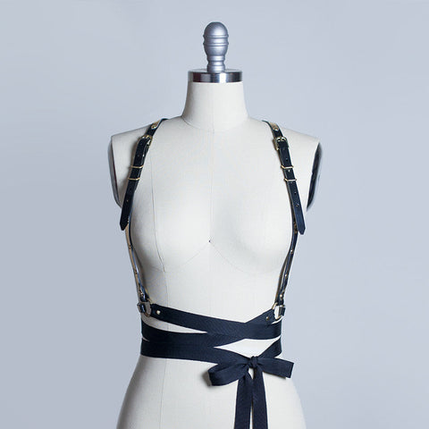 Clara Ribbon Harness - Apatico - Wraparound bow harness belt with tassels - black pvc or leather - black and gold metallic silver - art deco gothic fetish fashion.