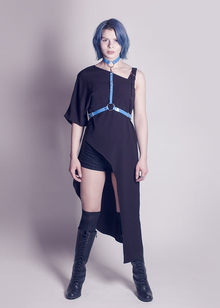 apatico - blue pvc harness - detachable choker collar - pop of color - statement accessories - harness belt - pastelgoth nugoth style - seattle fashion designer - editorial - on model katie angvik