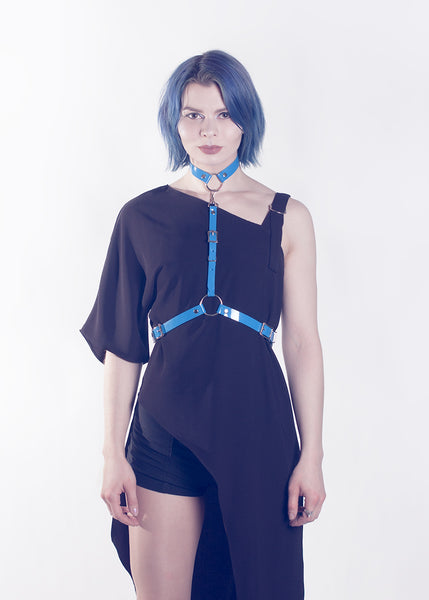 apatico - blue pvc harness - detachable choker collar - pop of color - statement accessories - harness belt - pastelgoth nugoth style - seattle fashion designer - editorial - katie angvik
