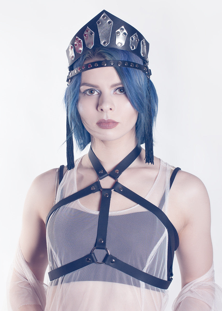 apatico leather harness bra top - black leather - halter style