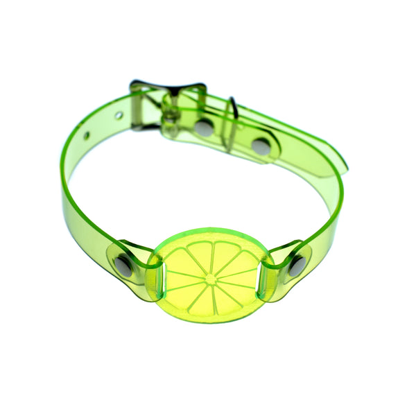 Apatico and Anhedonie choker collar necklace in neon uv green with acrylic citrus center.