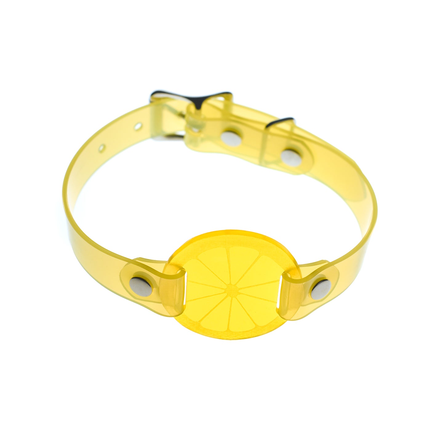 Apatico and Anhedonie choker collar in neon uv yellow with acrylic citrus center.