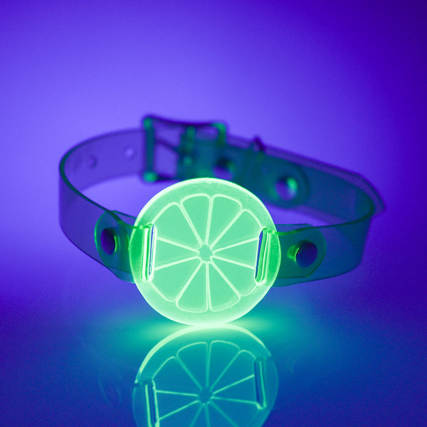 Apatico and Anhedonie choker collar necklace in neon uv green with acrylic citrus center.