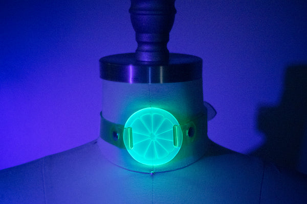 Apatico and Anhedonie choker collar necklace in neon uv green with acrylic citrus center.