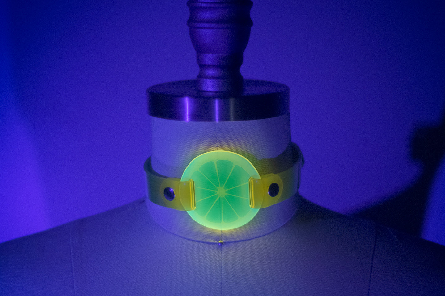Apatico and Anhedonie choker collar in neon uv yellow with acrylic citrus center.