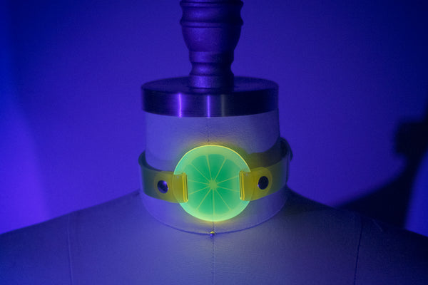 Apatico and Anhedonie choker collar in neon uv yellow with acrylic citrus center.