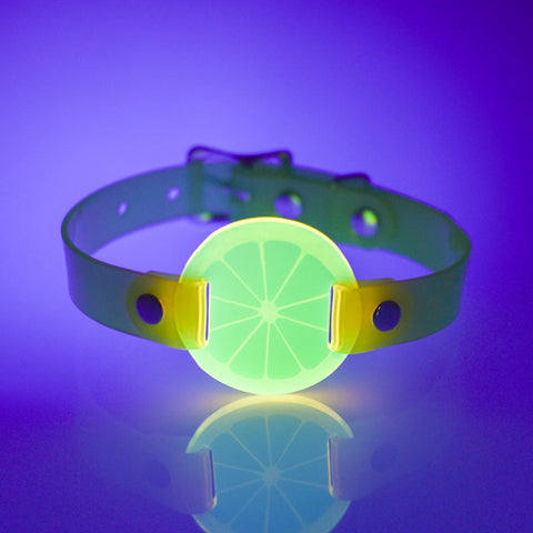 Apatico and Anhedonie choker collar in neon uv yellow with acrylic citrus center.