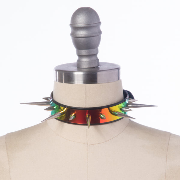 Black Rainbow Holographic Spike Choker Collar