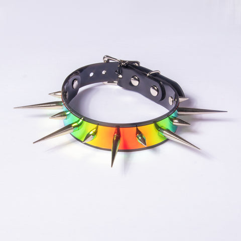 Black Rainbow Holographic Spike Choker Collar