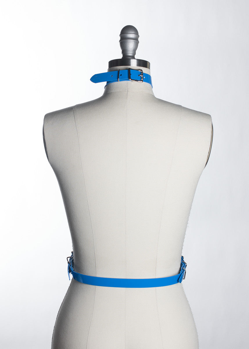 apatico - blue pvc harness - detachable choker collar - pop of color - statement accessories - harness belt - pastelgoth nugoth style - seattle fashion designer - back