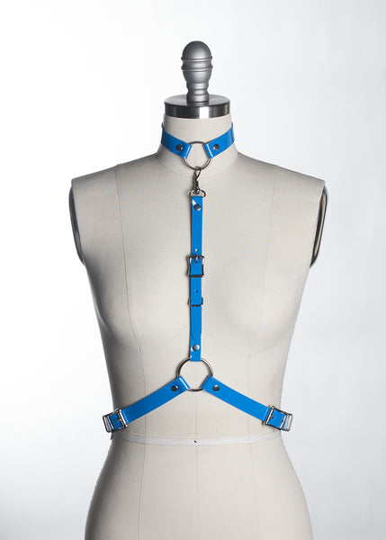 apatico - blue pvc harness - detachable choker collar - pop of color - statement accessories - harness belt - pastelgoth nugoth style - seattle fashion designer - front