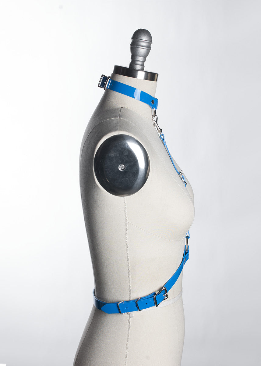 apatico - blue pvc harness - detachable choker collar - pop of color - statement accessories - harness belt - pastelgoth nugoth style - seattle fashion designer - side