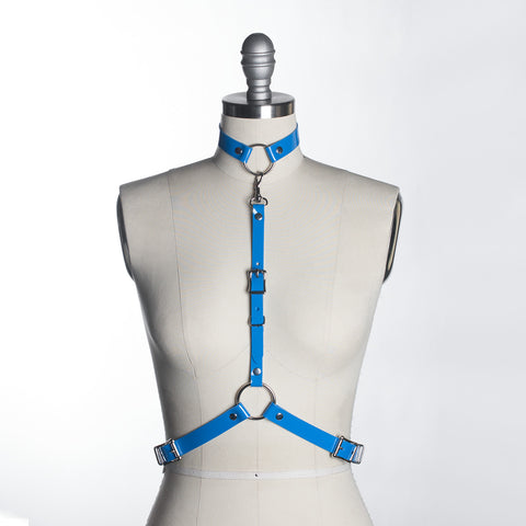 apatico - blue pvc harness - detachable choker collar - pop of color - statement accessories - harness belt - pastelgoth nugoth style - seattle fashion designer