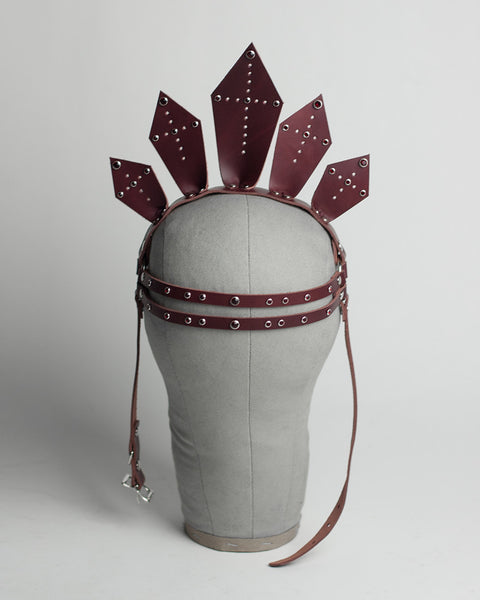 Celeste Crown - Apatico - Leather Harness crown - clear pvc, black, oxblood with studs and crystals.  Iconography, sacred heart, halo inspired spiked headpiece.
