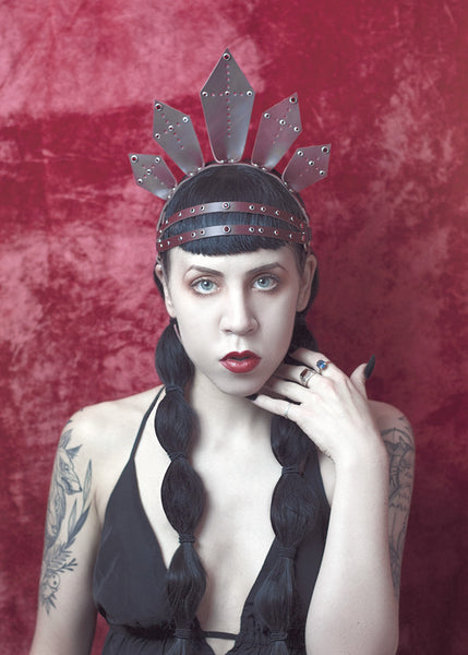 Celeste Crown - Apatico - Leather Harness crown - clear pvc, black, oxblood with studs and crystals.  Iconography, sacred heart, halo inspired spiked headpiece.