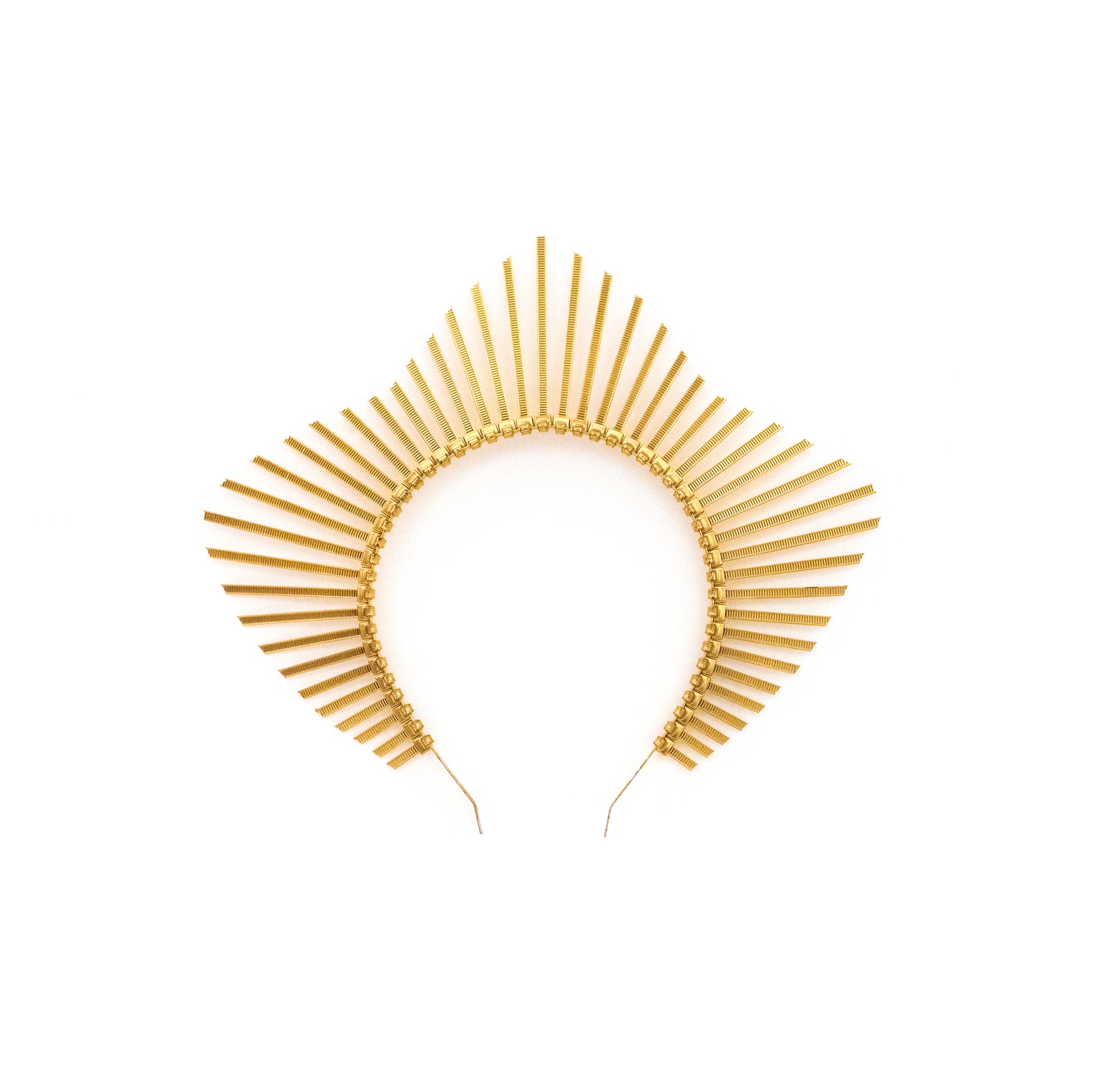 Diamond shaped halo crown headpiece made out of gold zip ties by Apatico.