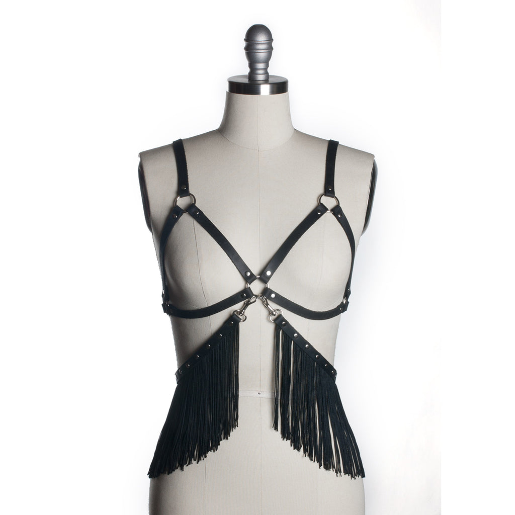 Apatico - Fringe Cage Bra Harness - Black Pvc & Leather - Burlesque