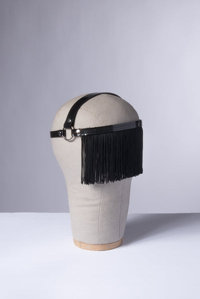 Obscuro Fringe Mask Harness Headpiece - Black Vegan Leather - Ready to Ship