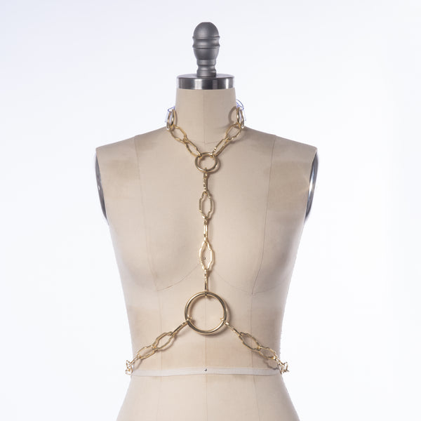 apatico chandelier chain harness - geometric art deco inspired brass body chain.