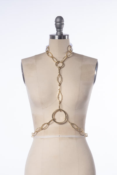 apatico chandelier chain harness - geometric art deco inspired brass body chain.