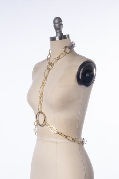apatico chandelier chain harness - geometric art deco inspired brass body chain.