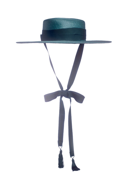 Deep teal green wide brim hat with green grosgrain ribbon ties and tassels.