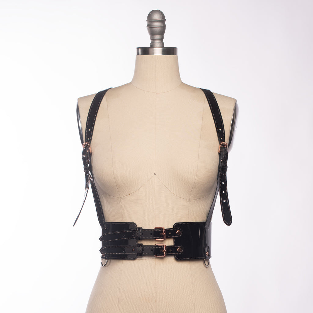 Apatico - Clarice Harness Black Patent Leather - Rose Gold Hardware