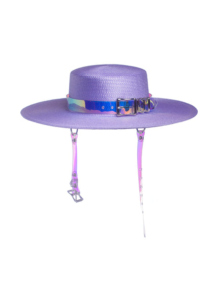 Apatico wide brim harness hat in pastel lavender with an iridescent, holographic pvc buckle band and harness straps.