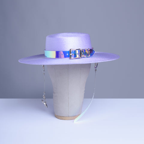Apatico wide brim harness hat in pastel lavender with an iridescent, holographic pvc buckle band and harness straps.
