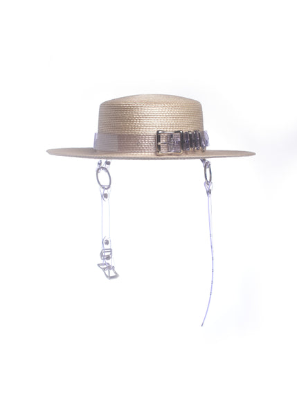 apatico harness hat beight light tan clear pvc buckle band and chin straps, minimal neutral editorial goth style