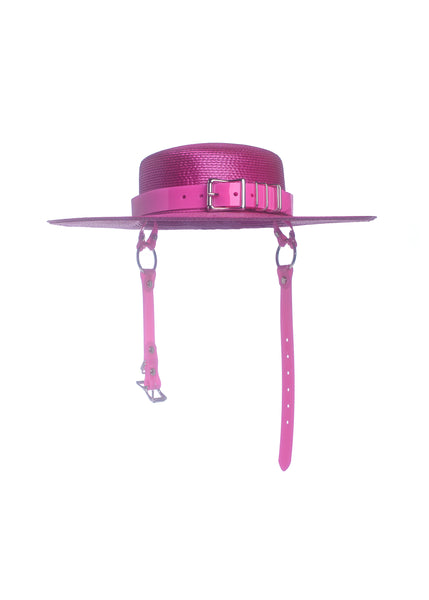 Fuchsia magenta pink harness hat with pink buckle band shown on a white background.