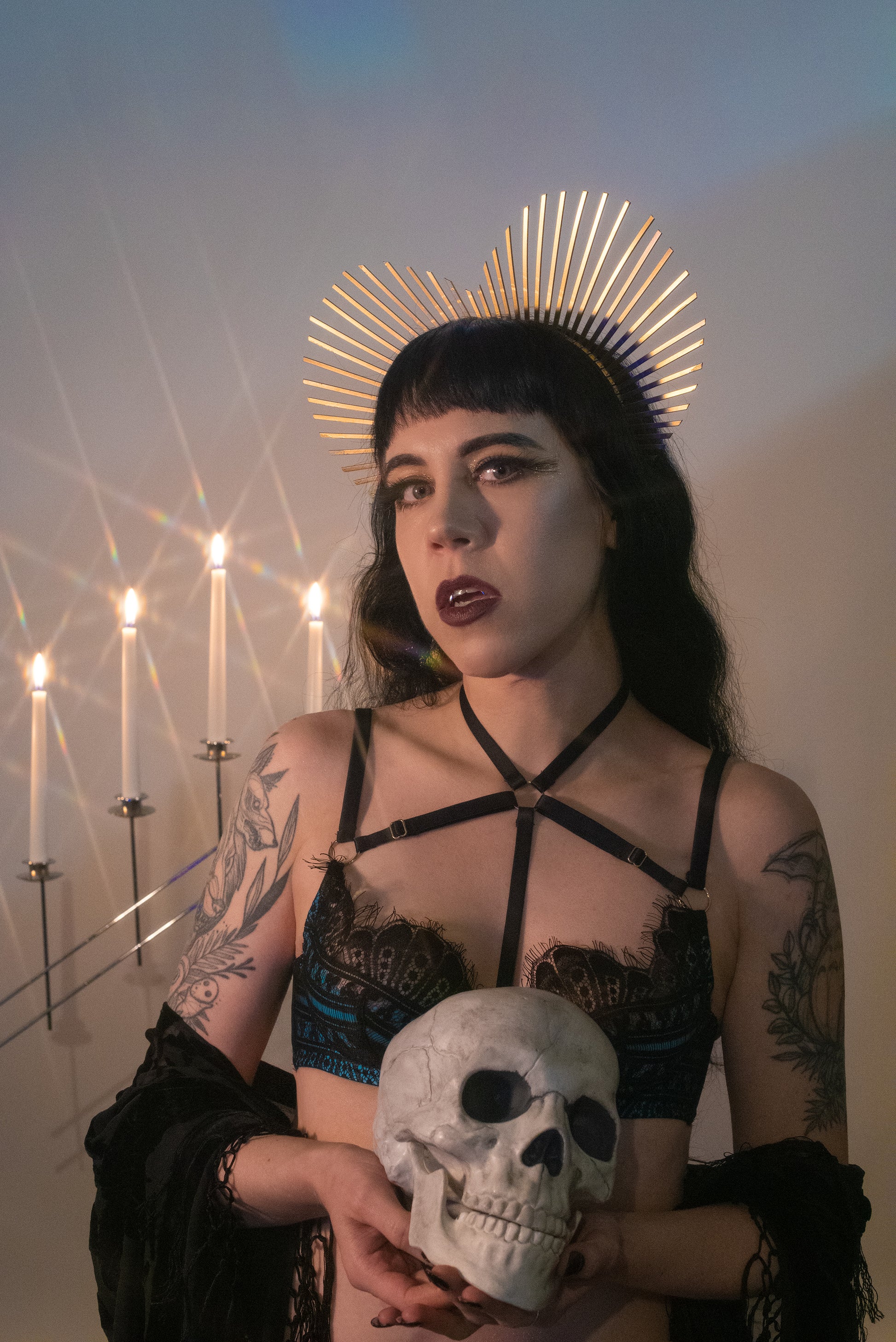 Heart shaped halo crown headpiece made out of gold zip ties by Apatico.