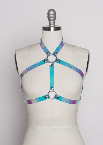 Apatico holographic harness bra top - Holographic pastelgoth - rainbow iridescent clear pvc - front
