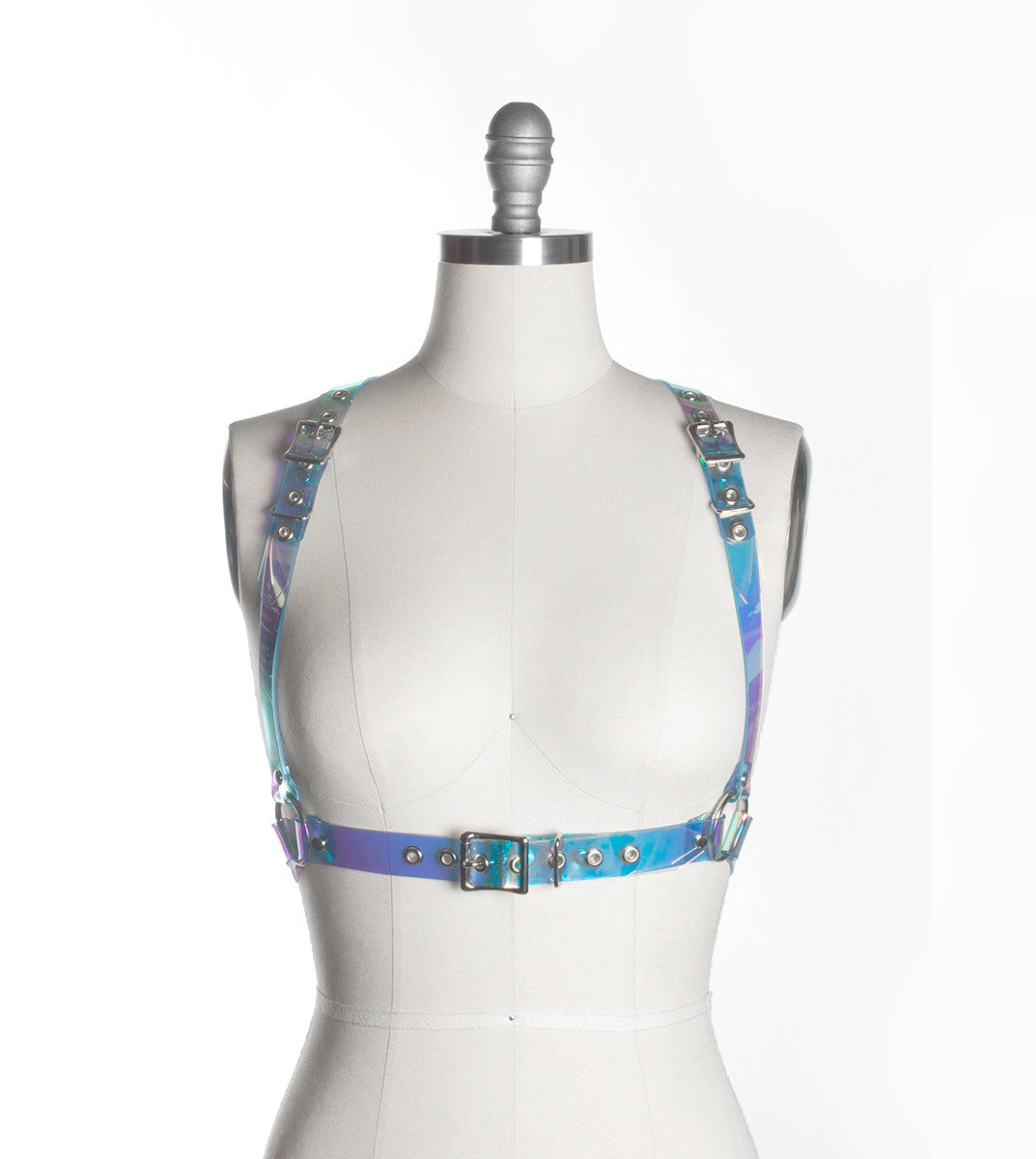 apatico holographic pvc underbust harness belt - blue pink green - iridescent hologram holo mermaid unicorn - fetish fashion - bondage inspired - clubkids festival rave style