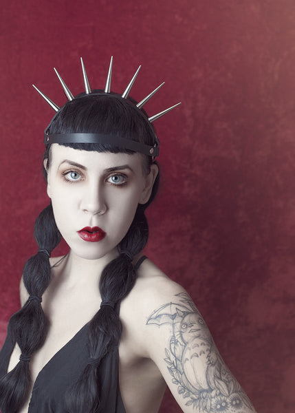 Lucrezia spiked harness headpiece - gothic sunburst crown - leather or pvc - on model