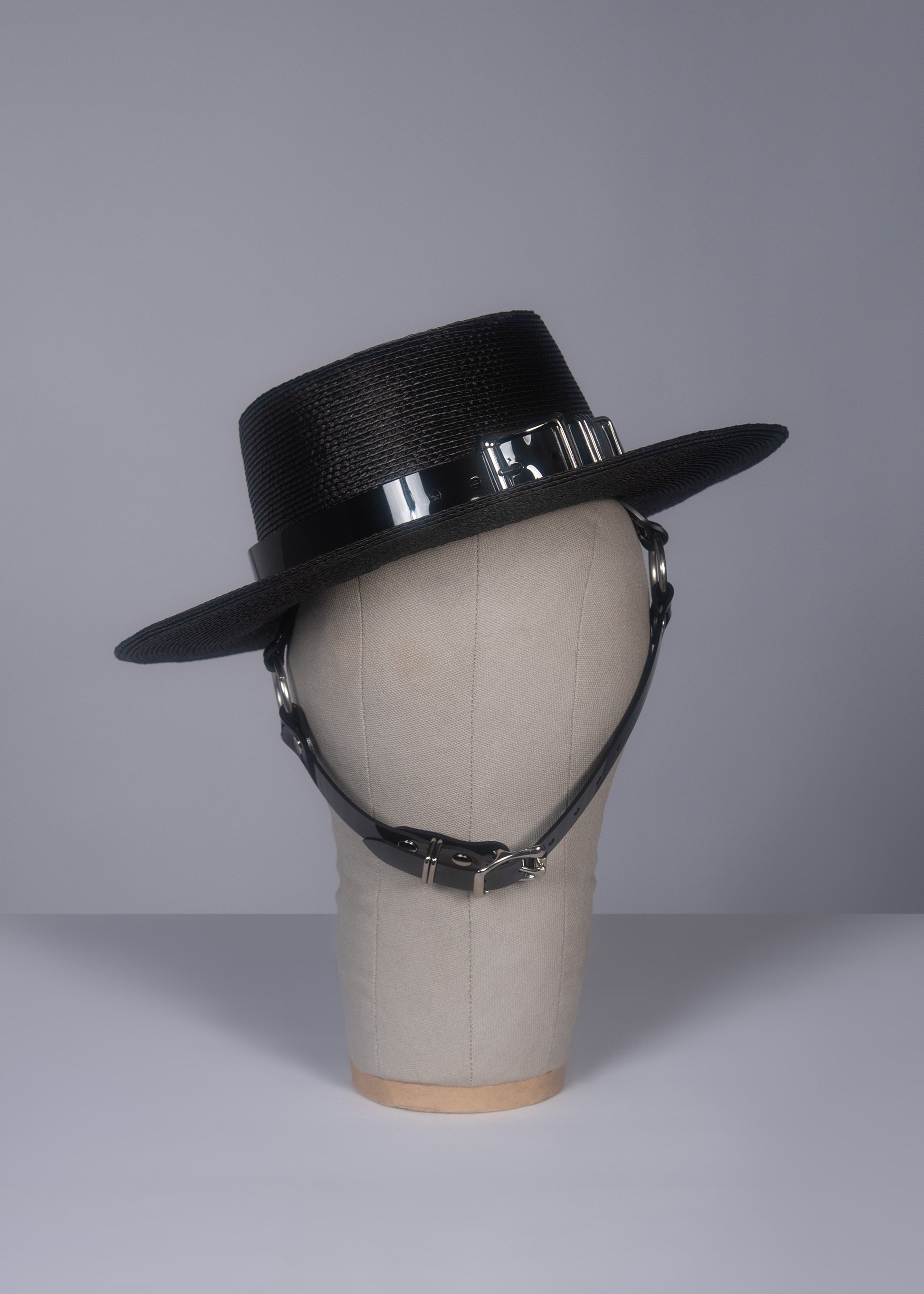 Apatico Goth Millinery Lydia Harness Hat Black Buckle Wide Brim