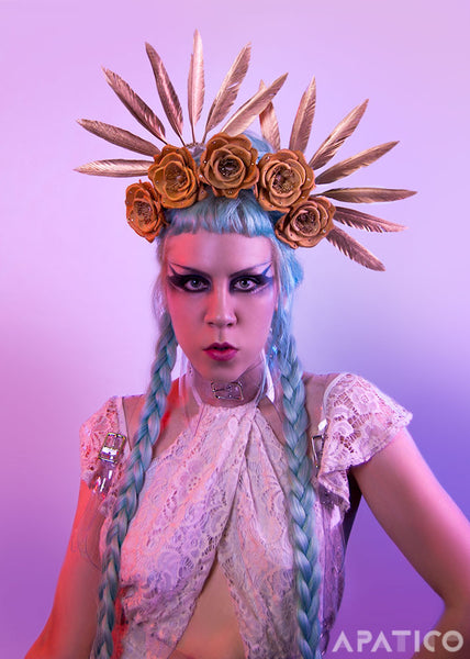 Anna Feather Hair Fans - Apatico - Gold feather hair sticks - spiked headdress - valkyrie headpiece - gilded millinery.