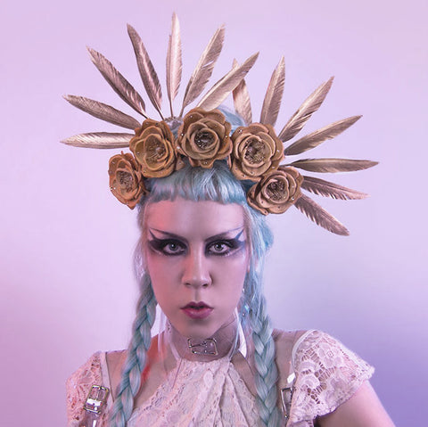 Anna Feather Hair Fans - Apatico - Gold feather hair sticks - spiked headdress - valkyrie headpiece - gilded millinery.
