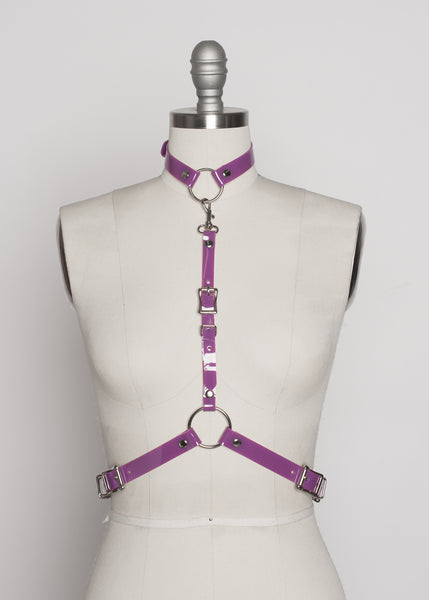 Apatico - purple pvc harness - detachable choker collar - pastelgoth nugoth fashion - statement accessory - violet pvc - pop of color - seattle fashion designer - front