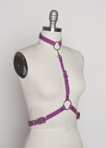 Apatico - purple pvc harness - detachable choker collar - pastelgoth nugoth fashion - statement accessory - violet pvc - pop of color - seattle fashion designer - side 1